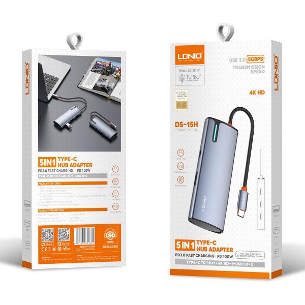 LDNIO docking station DS-15H, 5 θυρών, USB-C σύνδεση, 4K, 100W PD, γκρι