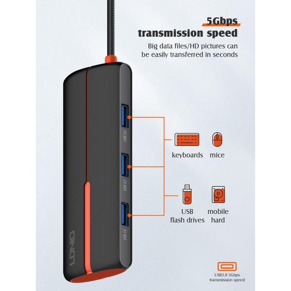 LDNIO docking station DS-25H, 5 θυρών, USB-C σύνδεση, 4K, 100W PD, μαύρο