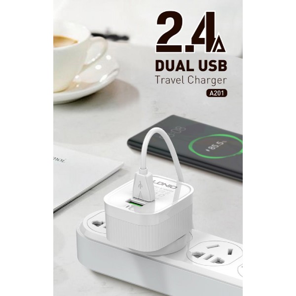 LDNIO φορτιστής τοίχου A201 με καλώδιο USB-C, 2x USB, 12W, λευκός