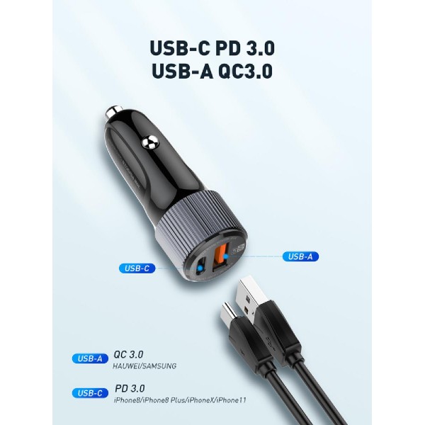 LDNIO φορτιστής αυτοκινήτου C510Q με καλώδιο, USB & USB-C, 38W, μαύρος