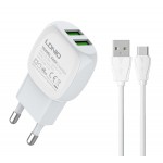 LDNIO φορτιστής τοίχου A2218 με καλώδιο USB-C, 2x USB, 12W, λευκός