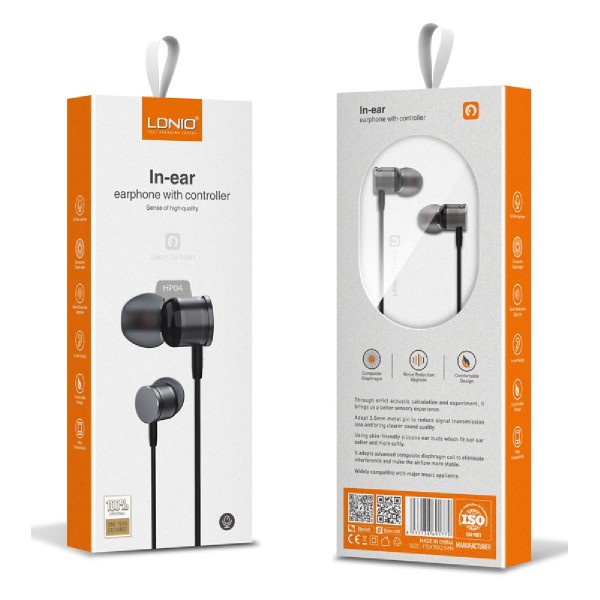 LDNIO earphones με μικρόφωνο HP04, 3.5mm, 1.2m, γκρι