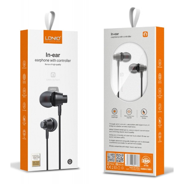 LDNIO earphones με μικρόφωνο HP05, 3.5mm, 1.2m, γκρι