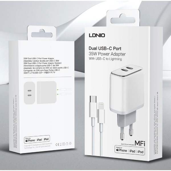 LDNIO φορτιστής τοίχου A2528M με καλώδιο, 2x USB-C, 35W, MFi, λευκό