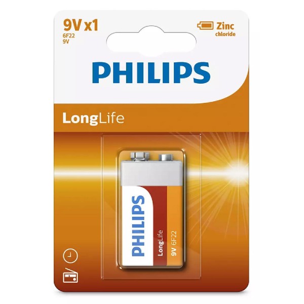 PHILIPS LongLife Zinq chloride μπαταρία 6F22L1B/10, 6F22 9V, 1τμχ