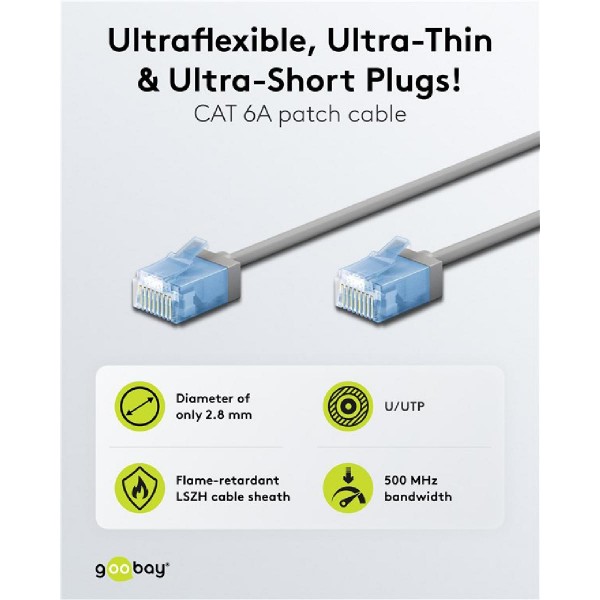 GOOBAY καλώδιο δικτύου 74219, CAT 6A U/UTP, slim, copper, 500MHz, 0.15m, γκρι