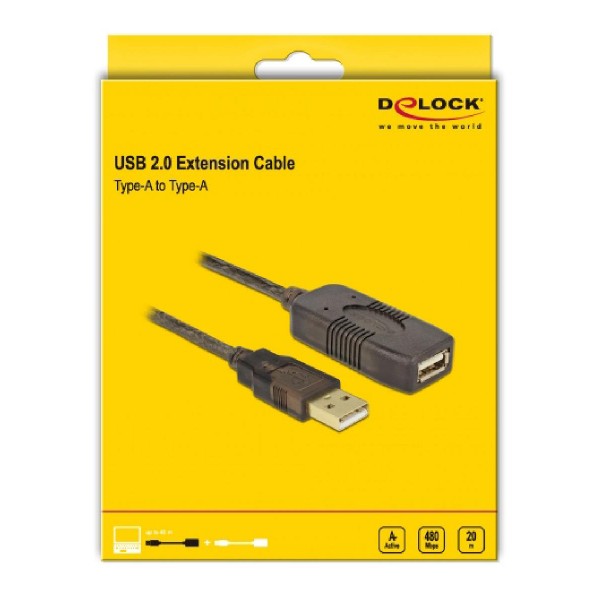 DELOCK καλώδιο USB 2.0 αρσενικό σε θηλυκό 82690, 480Mbps, 20m, μαύρο