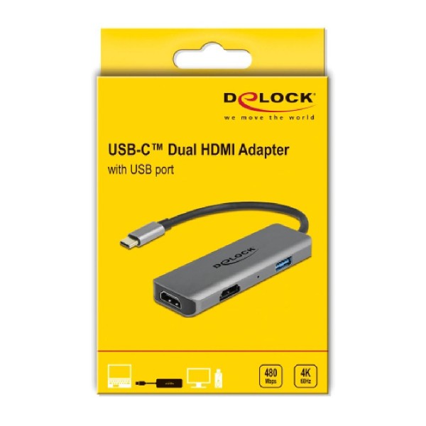 DELOCK αντάπτορας USB Type-C σε USB & 2x HDMI 87780, 480Mbps, 4K, γκρι