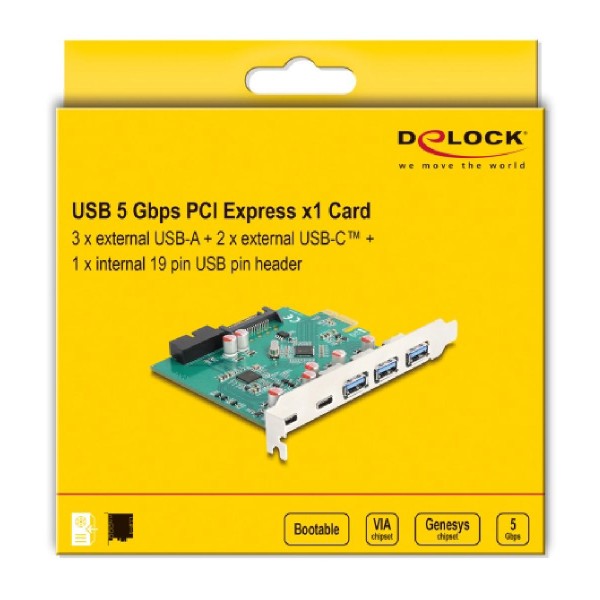 DELOCK κάρτα επέκτασης PCI x1 σε 3x USB/2x USB-C/19-pin 90109, 5Gbps