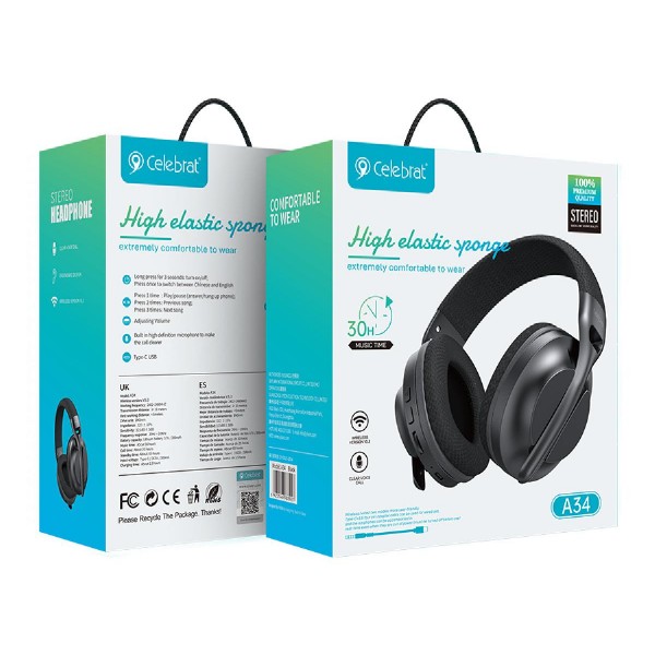 CELEBRAT headphones A34, ασύρματα & ενσύρματα, 40mm, 300mAh, μαύρα