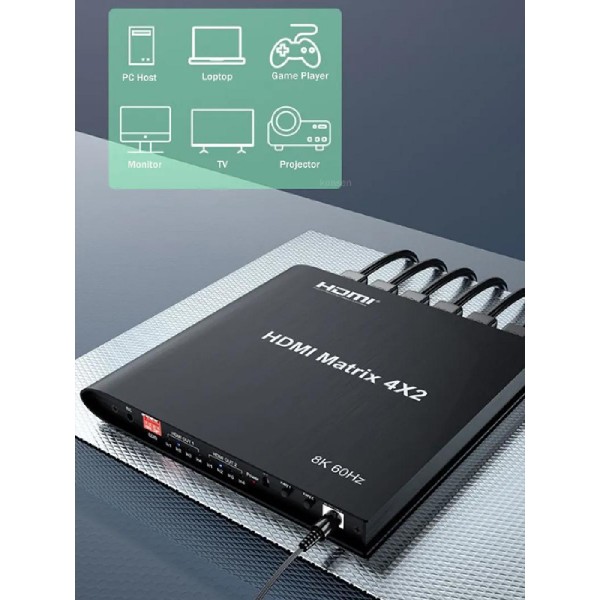 HDMI matrix switch CAB-H155, 4-in σε 2-out, 8K/60Hz, HDR/HDCP, μαύρο