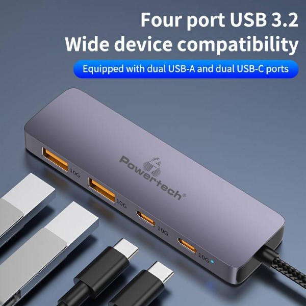 POWERTECH USB hub CAB-UC082, 4x θυρών, 10Gbps, USB-C σύνδεση, γκρι