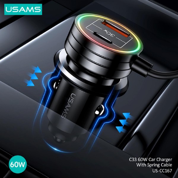 USAMS φορτιστής αυτοκινήτου US-CC167 με καλώδιο, USB/USB-C, 60W, μαύρος