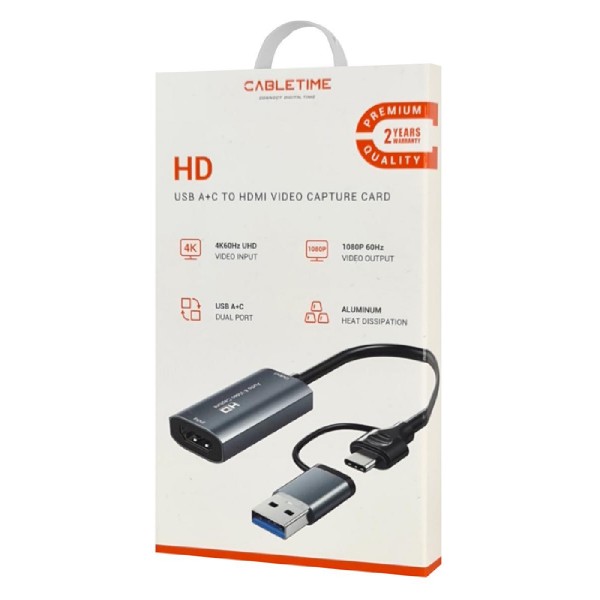 CABLETIME HDMI video capture CT-ACHC-AG, USB & USB-C, 4K/60Hz, γκρι