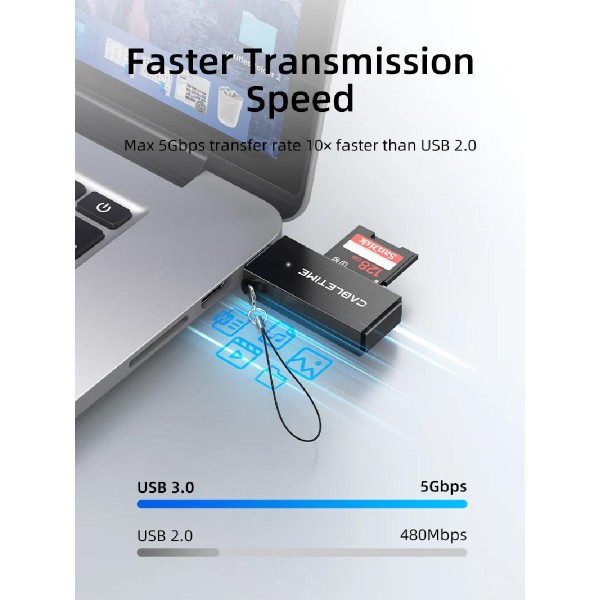 CABLETIME card reader CT-ASD3-PB για SD & micro SD, USB, 5Gbps, μαύρο