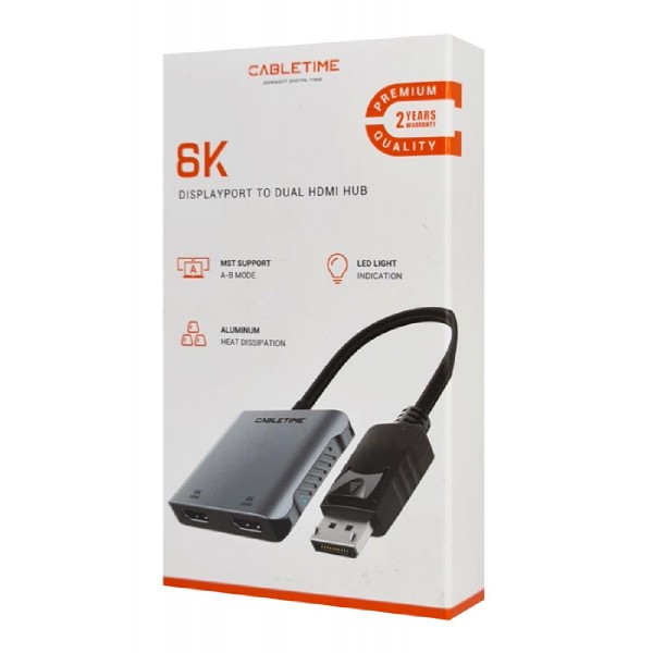 CABLETIME αντάπτορας DisplayPort σε 2x HDMI CT-DM2H8K-AG, 8K, γκρι