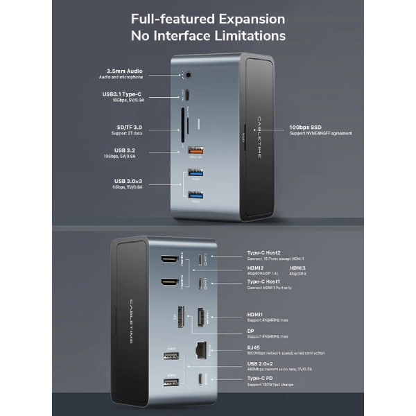 CABLETIME docking station DOCK162-AG2, θήκη SSD, 15 θύρες, 4K 100W, γκρι