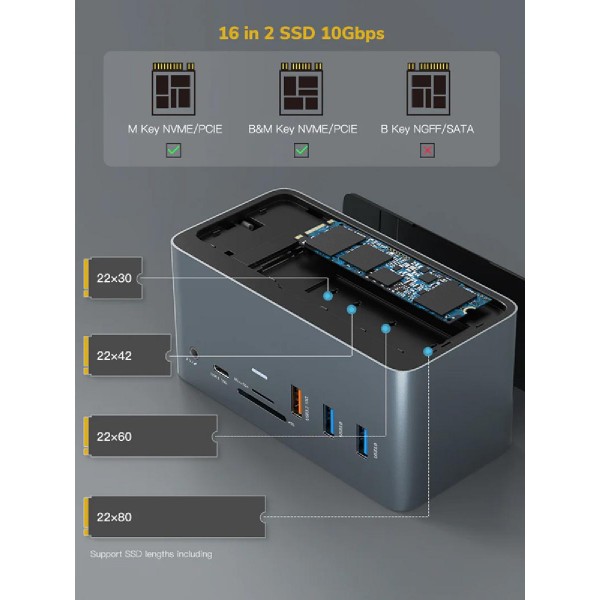 CABLETIME docking station DOCK162-AG2, θήκη SSD, 15 θύρες, 4K 100W, γκρι