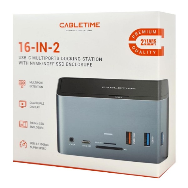 CABLETIME docking station DOCK162-AG2, θήκη SSD, 15 θύρες, 4K 100W, γκρι