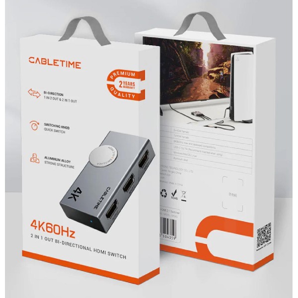 CABLETIME HDMI switch CT-HS4K-AG, 2 σε 1, 4K/60Hz, bi-directional, γκρι