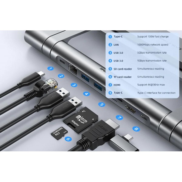 CABLETIME docking station CT-HUBS7-AG με βάση laptop, 8 θυρών, γκρι