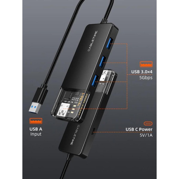 CABLETIME USB hub CT-HUBT2-PB, 4x θυρών, 5Gbps, 1m, μαύρο