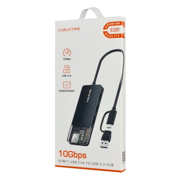 CABLETIME USB hub CT-HUBT5-PB, 4x θυρών, 10Gbps, USB/USB-C σύνδεση, μαύρο