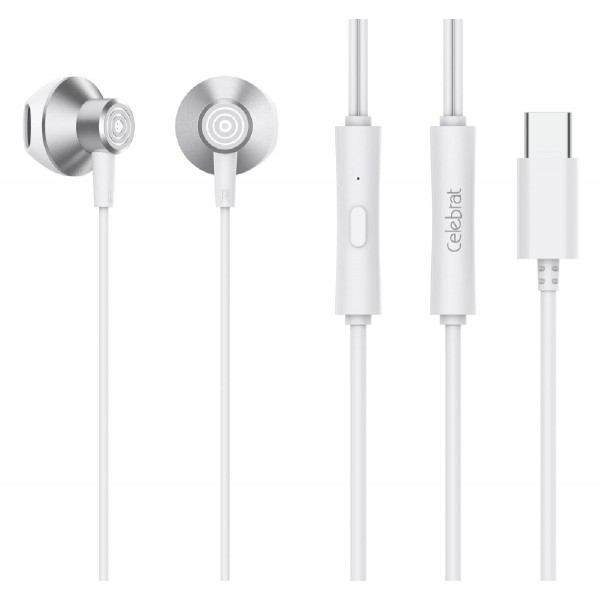 CELEBRAT earphones με μικρόφωνο D14, USB-C, 1.2m, λευκά