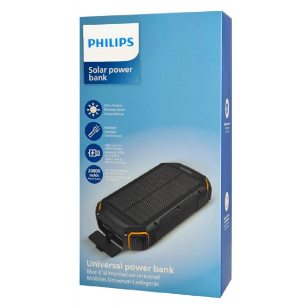 PHILIPS power bank με φακό DLP7726N, ηλιακό, 20000mAh, 15W, μαύρο