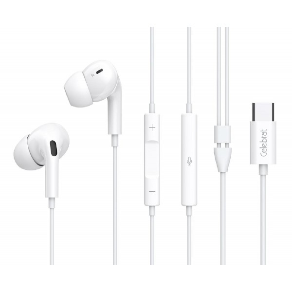 CELEBRAT earphones με μικρόφωνο E300, USB-C σύνδεση, Φ10mm, 1.2m, λευκά