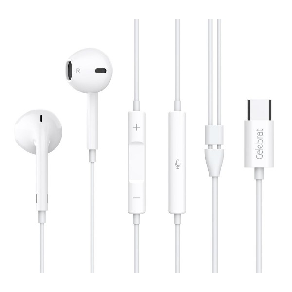 CELEBRAT earphones με μικρόφωνο E500, USB-C σύνδεση, Φ14mm, 1.2m, λευκά