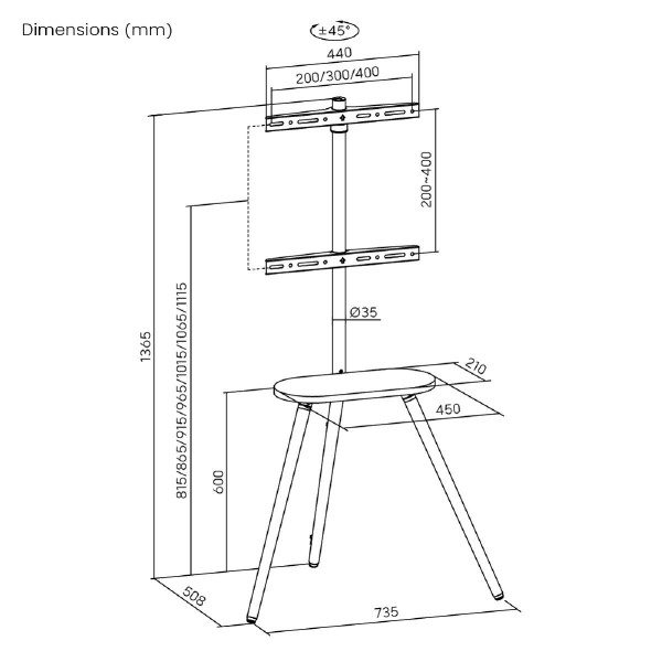 BRATECK βάση δαπέδου FS28-44F-04 για τηλεόραση 43-65" έως 35kg, με ράφι