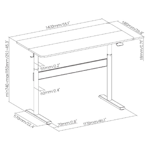 BRATECK γραφείο G04-22D-BL, ρυθμιζόμενο ύψος, 140x68cm, μαύρο