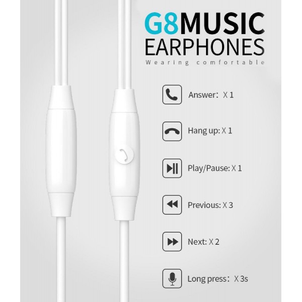 CELEBRAT earphones με μικρόφωνο G8, 3.5mm, 1.2m, λευκά