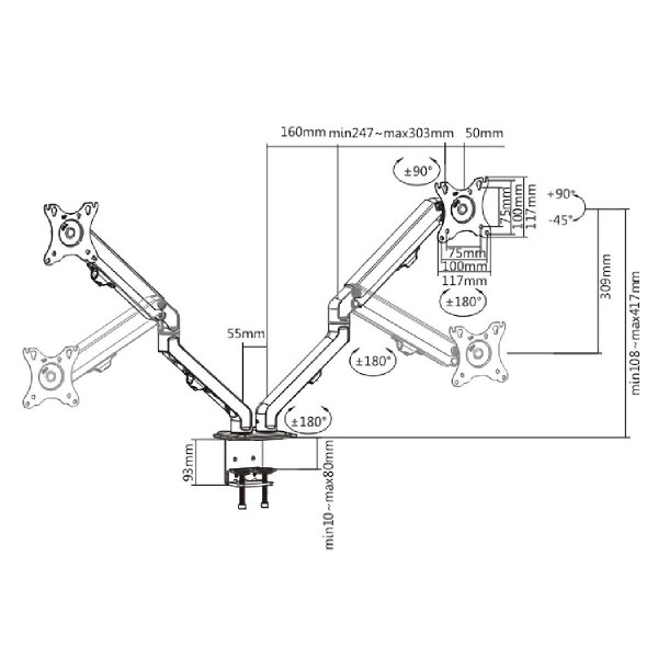 BRATECK βάση γραφείου LDT45-C024 για 2 οθόνες 17"-27", έως 7kg ανά οθόνη