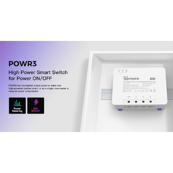 SONOFF smart διακόπτης παρακολούθησης ισχύος POWR3, WiFi, 25A, λευκός