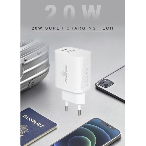 POWERTECH φορτιστής τοίχου PT-1040, USB & USB-C, PD QC3.0, 20W, λευκός