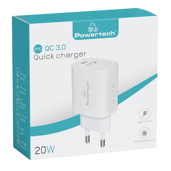 POWERTECH φορτιστής τοίχου PT-1040, USB & USB-C, PD QC3.0, 20W, λευκός