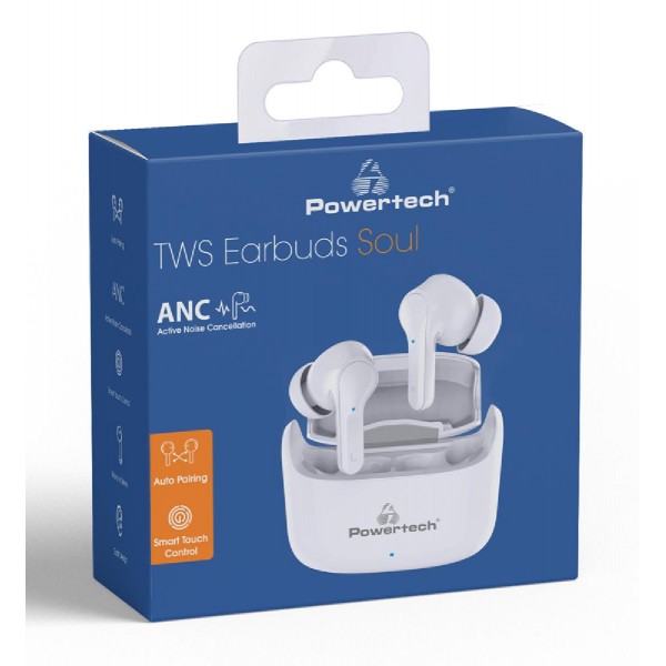 POWERTECH earphones με θήκη φόρτισης Soul, TWS, ANC, 45/200mAh, λευκά