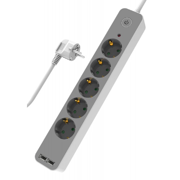 POWERTECH πολύπριζο ασφαλείας PT-1059 5x schuko/2x USB, 16A, 1.4m, λευκό