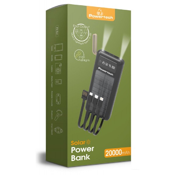 POWERTECH power bank με καλώδια & οθόνη PT-1084 20000mAh, ηλιακό, μαύρο