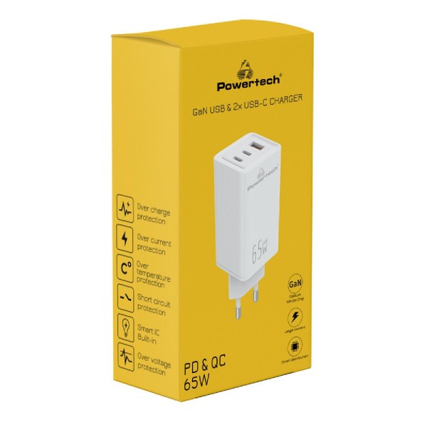 POWERTECH φορτιστής τοίχου PT-1094, USB & 2x USB-C, 65W, GaN, λευκός