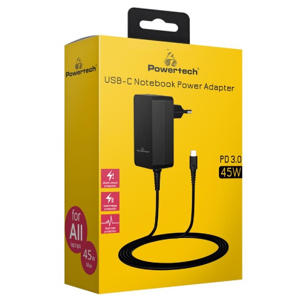 POWERTECH τροφοδοτικό laptop PT-1155, USB-C PD, universal, 45W, μαύρο