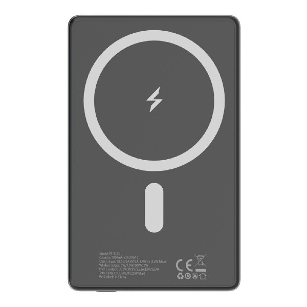 POWERTECH power bank PT-1171, 5000mAh, magnetic wireless, 15W, γκρι