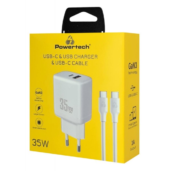 POWERTECH φορτιστής τοίχου PT-1179, καλώδιο, USB/USB-C, 35W, GaN, λευκός