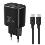 POWERTECH φορτιστής τοίχου PT-1180, καλώδιο, USB/USB-C, 35W, GaN, μαύρος