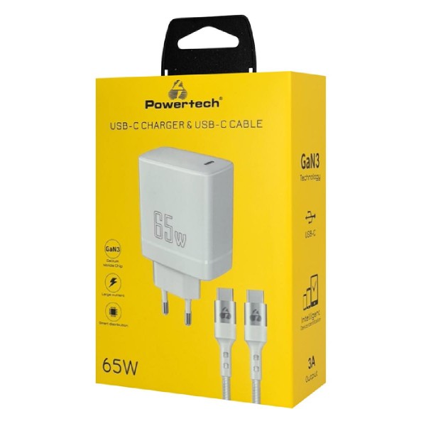 POWERTECH φορτιστής τοίχου PT-1181 με καλώδιο, USB-C, 65W, GaN, λευκός