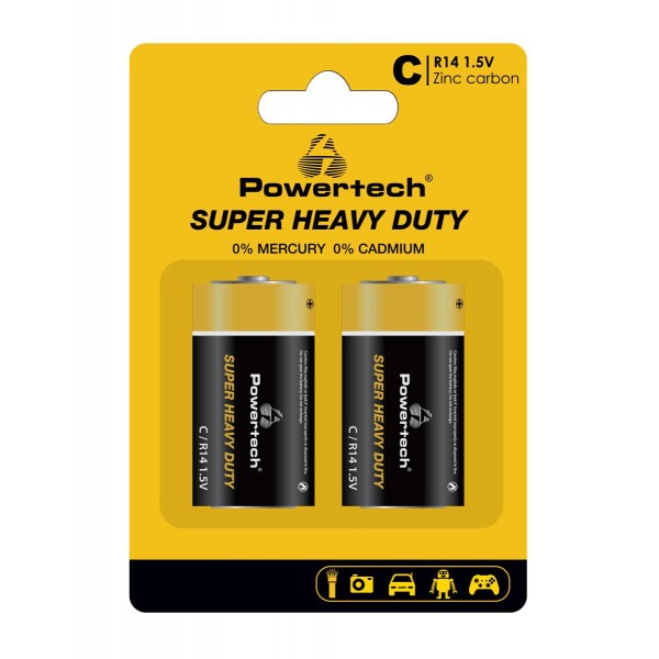 POWERTECH μπαταρίες Zinc Carbon Super Heavy Duty PT-1221, R14 1.5V, 2τμχ