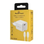 POWERTECH φορτιστής τοίχου PT-1225 με καλώδιο, USB-C, 33W, GaN, λευκός