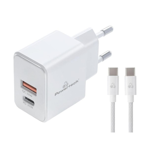 POWERTECH φορτιστής τοίχου PT-1249, καλώδιο, USB/USB-C, 30W, GaN, λευκός